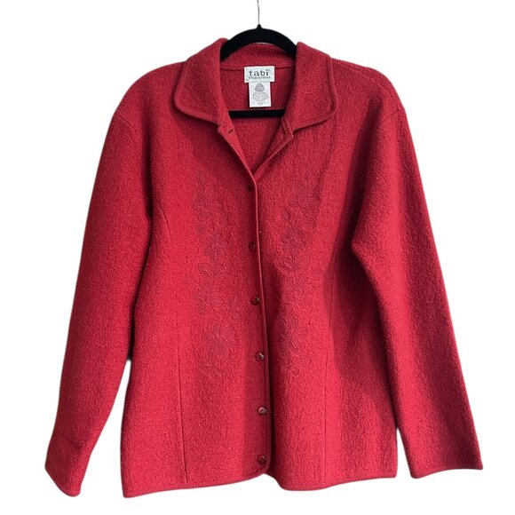 Tabi Red 100% Wool Cardigan Jacket Embroidered Sz M Cottagecore Christmas Granny - Picture 1 of 5